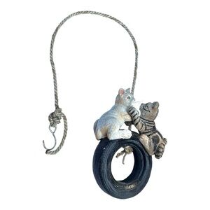 Vintage Whimsical Cat Figurines on Tire Swing outdoor decor tree hanger/feeder